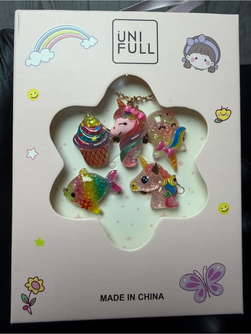 Unifull Rainbow Unicorn & Sweet Charms Necklace And Four Ring Set